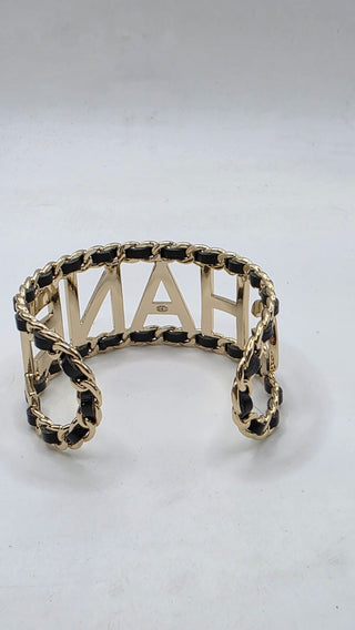 Chanel Gold-tone Leather 'CHANEL' Cuff Bracelet