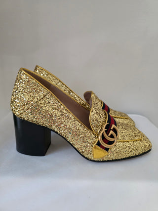 Gucci Gold Glitter Leather Peyton Marmont Mid-Heel Loafers 38.5 sz