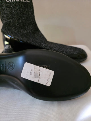 Chanel Black Logo Printed 2017 Patent Leather Sock Boots 40.5 EU