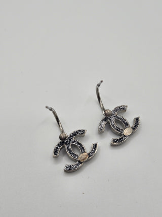 Chanel Silver-tone Glitter Enamel CC Drop Earrings