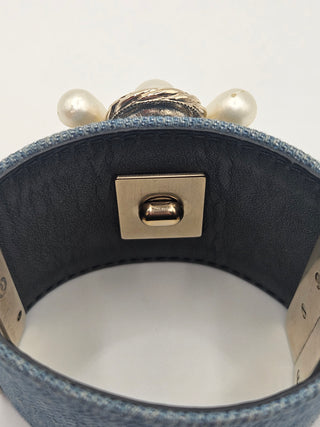 Chanel Faux Pearl Denim Gold-tone Interlocking CC Logo Bracelet