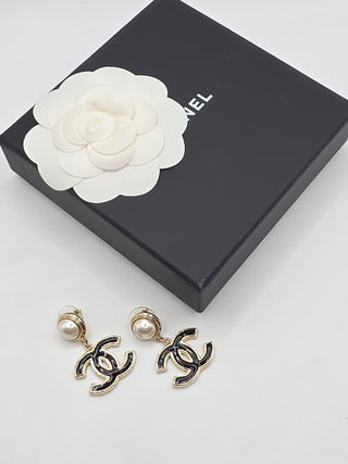 Chanel Gold-tone 2024 Faux Pearl Enamel Interlocking CC Drop Earrings