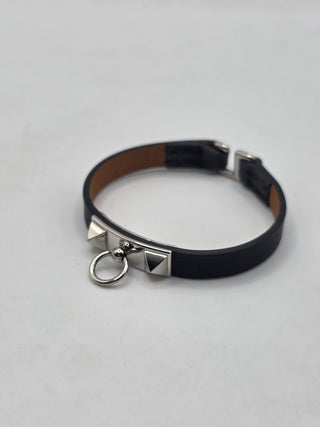 Hermes Black Swift Calfskin Leather Palladium Plated Mini Rivale Bracelet Size T2