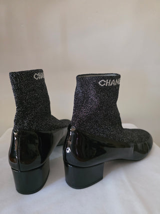 Chanel Black Logo Printed 2017 Patent Leather Sock Boots 40.5 EU