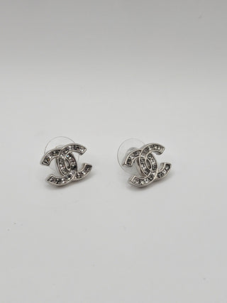 Chanel Silver-tone 2019 Strass Interlocking CC Logo Stud Earrings