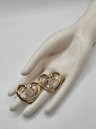 Chanel Gold-tone 2023 Strass Interlocking CC Heart Earrings