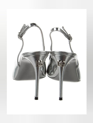 Dolce & Gabbana Metallic Silver Patent Leather DG Logo Slingback Pumps 38 sz