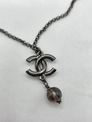 Chanel Silver-tone Faux Pearl Strass Interlocking CC Pendant Necklace