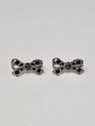 Chanel Silver tone Interlocking CC Logo crystal bow stud earrings