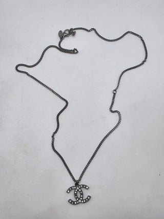 Chanel Silver-tone Strass Interlocking CC Pendant Necklace