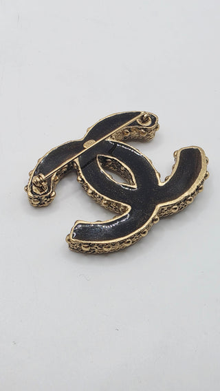 Chanel Gold-tone Resin Textured Interlocking CC Logo Brooch