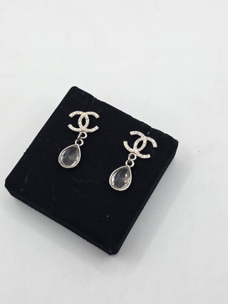 Chanel Silver-tone Strass Interlocking Drop Earrings