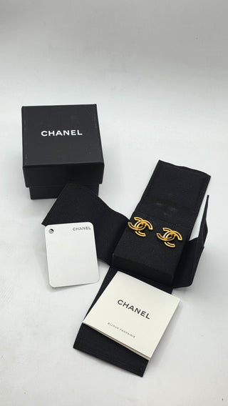 Chanel Gold-tone Interlocking CC Logo Stud Earrings w/ Tags