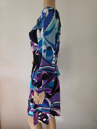 Emilio Pucci Blue purple multicolor signature print long-sleeved dress 6 sz