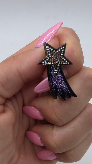 Chanel Black Silver-tone Strass Interlocking CC Shooting Star Earrings