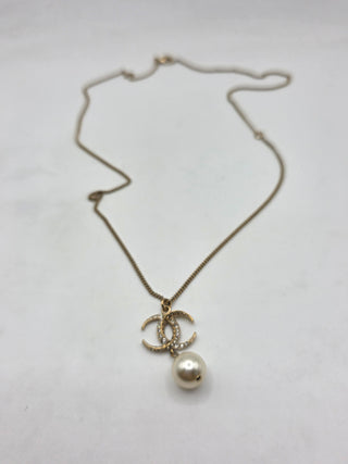 Chanel Gold-tone Faux Pearl  Strass CC Pendant Necklace
