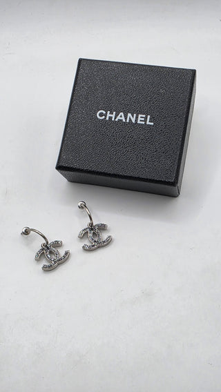Chanel Silver-tone Black Enamel Glitter Interlocking CC Drop Earrings