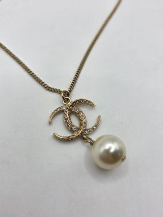 Chanel Gold-tone Faux Pearl  Strass CC Pendant Necklace