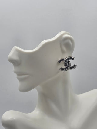 Chanel Silver-tone Interlocking CC Strass Stud Earrings