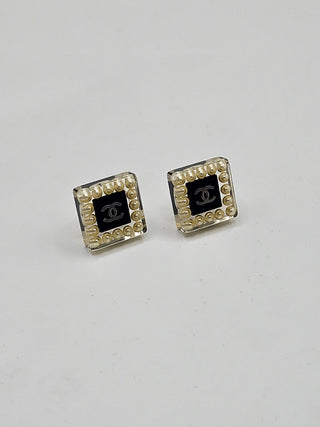 Chanel Faux Pearl Resin Interlocking CC Square Stud Earrings