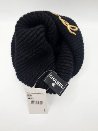 Chanel Gold-tone Sequin Logo Black Cashmere Sequin Beanie