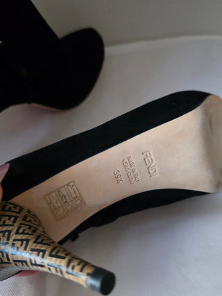 Fendi Black suede Zucca FF Logo  Ankle booties 39.5 sz