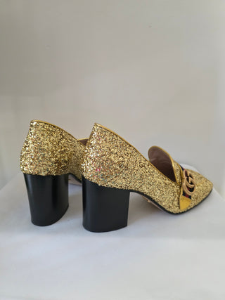 Gucci Gold Glitter Leather Peyton Marmont Mid-Heel Loafers 38.5 sz