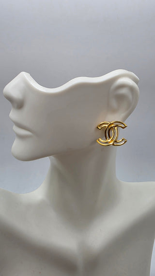 Chanel Gold-tone Interlocking CC Logo Stud Earrings w/ Tags