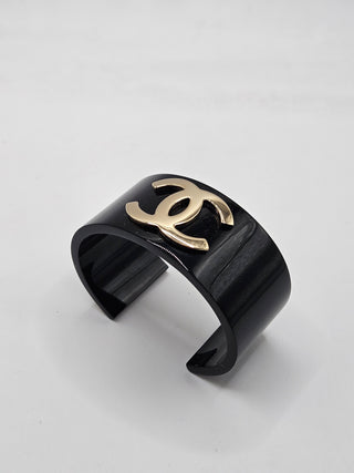 Chanel Black Resin Gold-tone Interlocking CC Wide Cuff Bracelet