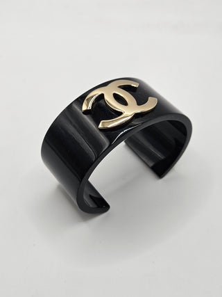 Chanel Black Resin Gold-tone Interlocking CC Wide Cuff Bracelet