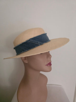 Chanel Beige Interlocking CC Denim Straw Hat S sz