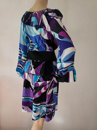 Emilio Pucci Blue purple multicolor signature print long-sleeved dress 6 sz