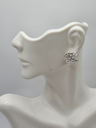 Chanel Interlocking Silver-tone Strass CC Stud Earrings