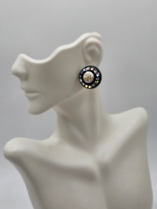 Chanel Black Resin Faux Pearl Crystal CC Stud Earrings