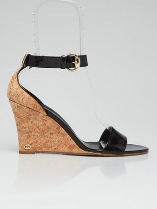 Gucci Black Patent Leather Hollie Wedge Sandals 41 sz