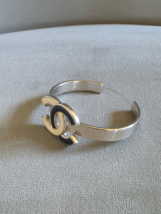 Chanel Silver-tone Interlocking CC Enamel Cuff Bracelet