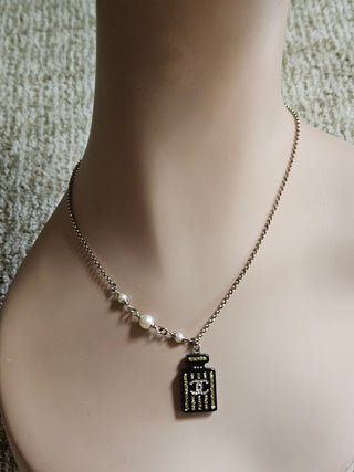 Chanel Faux Pearl Resin & Strass CC Logo Perfume Pendant Necklace