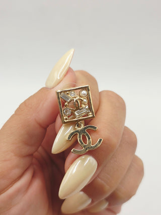 Chanel Gold-tone Faux Pearl Strass Cluster Interlocking CC Drop Earrings