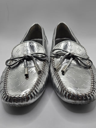 Louis Vuitton Metallic Silver Leather LV Monogram Loafers 38.5 EU