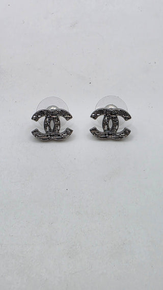 Chanel Silver-tone Interlocking CC Tweed Stud Earrings