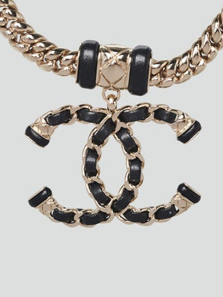 Chanel Gold Metal Black Leather Interlocking CC Logo Chain Link Choker Necklace