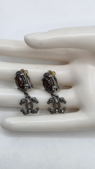 Chanel Resin Strass Silver-tone Interlocking CC Clip On Drop Earrings