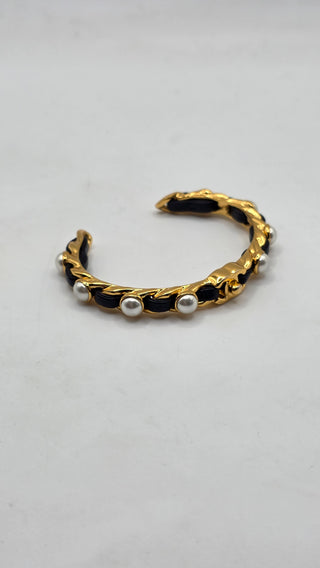 Chanel  Gold-tone Faux Pearl Leather CC Cuff Bracelet