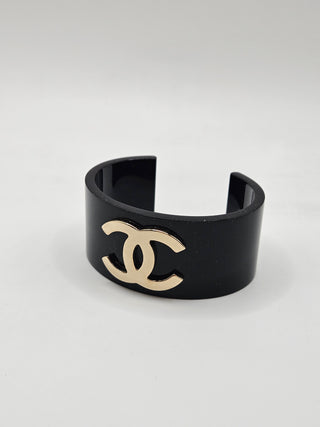 Chanel Black Resin Gold-tone Interlocking CC Wide Cuff Bracelet