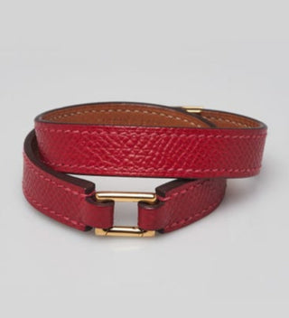 Hermes Rouge Casaque Epsom Leather Gold Plated Rivale Double Tour Bracelet XS