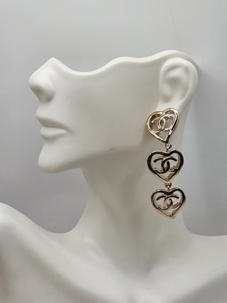 Chanel Gold-tone 2022 Triple Heart CC Drop Earrings