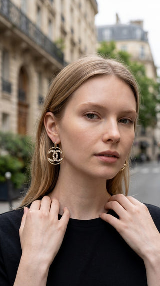 Chanel Gold-tone Strass Interlocking CC Drop Earrings