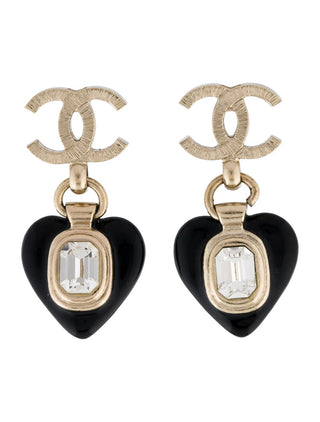 Chanel Gold-tone Strass Enamel Interlocking CC Heart Drop Earrings