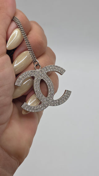 Chanel Silver-tone Strass Interlocking Oversized CC Pendant Necklace