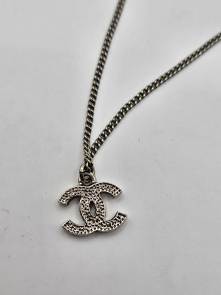 Chanel Silver-tone Strass Interlocking CC Pendant Necklace